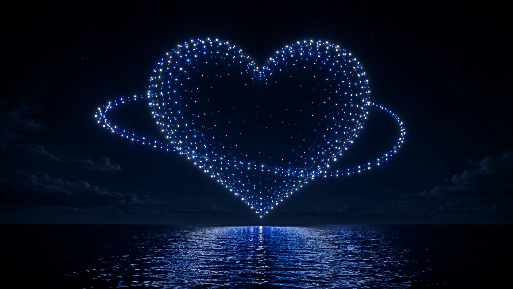 AI-generated heart and orbital ribbon formed from blue and white lights