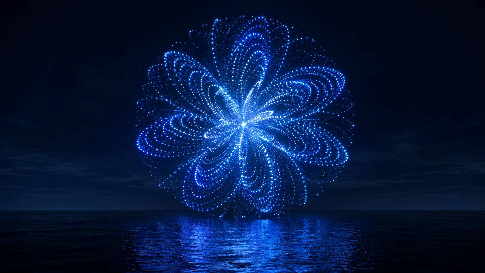 AI-generated sculptural bloom of blue light points above the sea